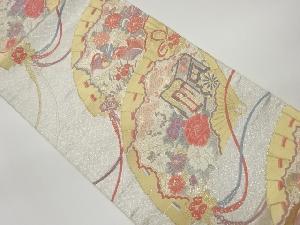 佐賀錦檜扇に御所車・鴛鴦・花々模様織出し袋帯